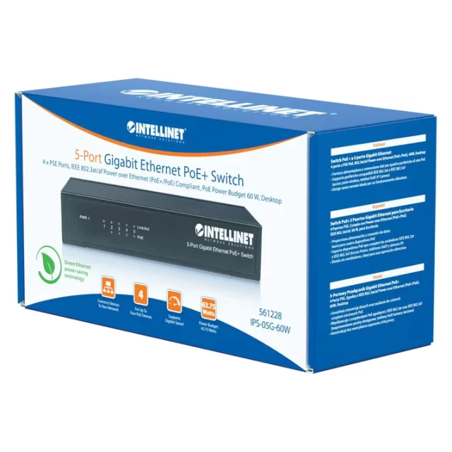 INTELLINET 5-Port Gigabit Ethernet PoE+ Switch (Model: 561228)