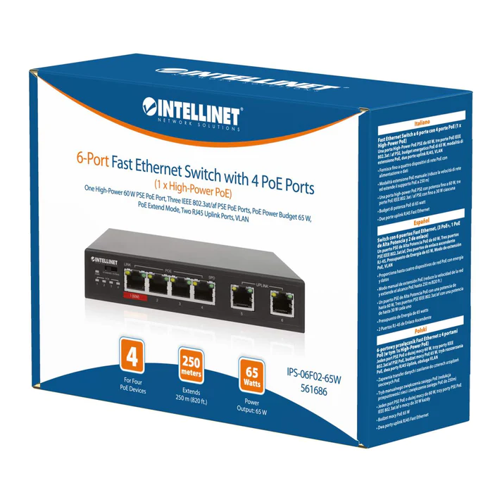 INTELLINET 6 Port Fast Ethernet Switch with 4 PoE Ports