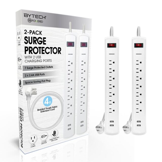 Bytech 2-Pack surge Protector With 7 Outlets 1 USB 1 Type C Charging Port